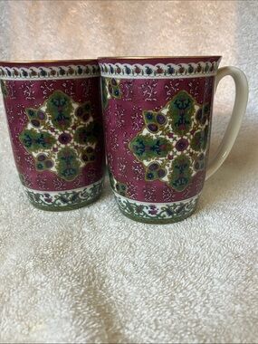 A Pair of Purple Green and Gold  Floral Pattern Ceramic Mugs  “Samarkand”